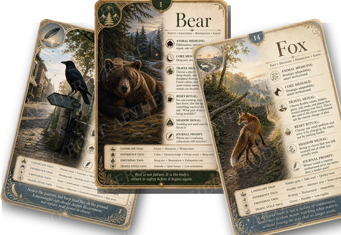 Three cards from the Reset Travel Animal Oracle — Crow, Bear, and Fox — fanned together